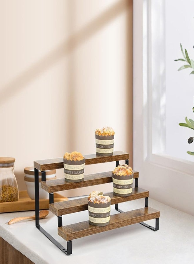 NEETBU 4-Tier Wooden Display Riser Shelf Stand for, Makeup, Cupcake, Condiment & Dolls Collection Home Decor Organizer, Expandable for Pantry/Counter (Brown, 4-Tier) - Image 2